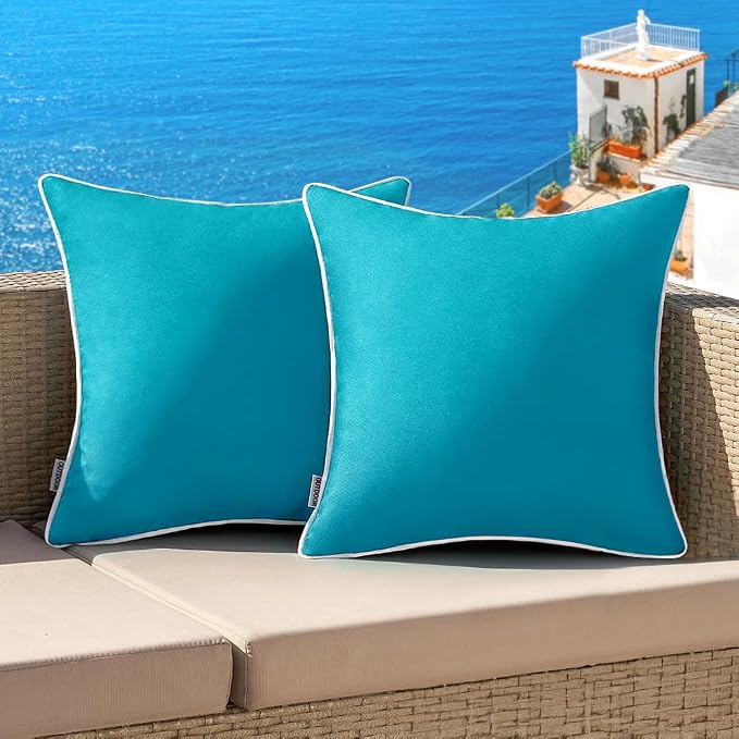 MIULEE Outdoor Waterproof Pillow Covers 20x20 Teal Blue Pack of 2 | Decorative Farmhouse Throw Pillow Covers with Piping,Square Solid Color,Patio Furniture,Summer Couch Tent Sofa Living Room
