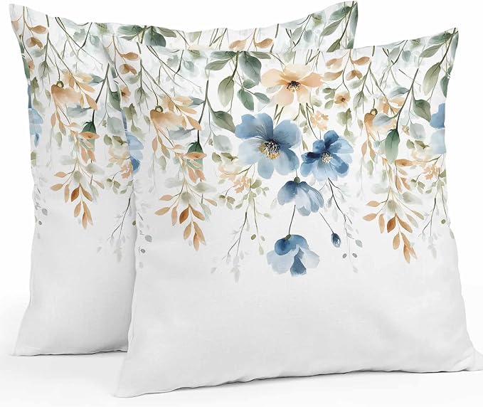 Blue Spring Floral Waterproof Outdoor Pillow Covers 16''x16'' Set of 2, Weeping Botanical Patio Furniture Summer Cushion Covers for Chairs, Decorative Wildflowers Pillow Cases for Garden/Pool/Beach
