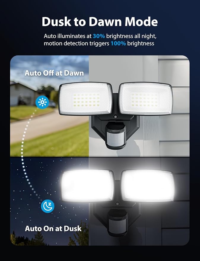 Onforu 32W 2 Head Motion Sensor Outdoor Lights, 3200LM 6500K LED Security Light Hardwired, Dusk to Dawn, Motion Detector Light for Outside, IP65 Waterproof Flood Lights for Garage, Yard(Black)
