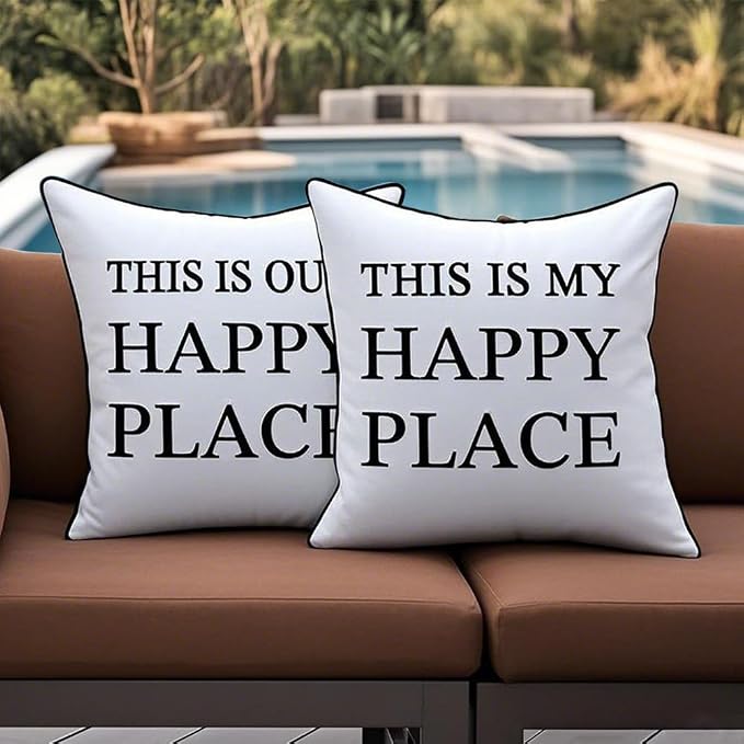 Porch Decor White Outdoor Pillow Cover Waterproof 18x18, Double-Sided Print | This Is Our & My Happy Place Sign, Set of 2, 18 x 18 Outdoor Pillows, Porch Decorations Outdoor, Outdoor Decor for Patio