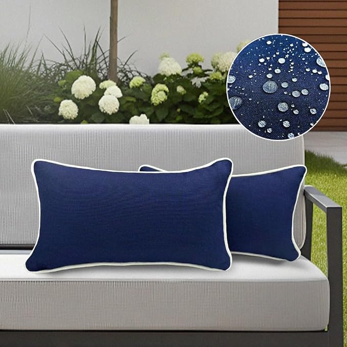 HER HWA Outdoor Lumbar Pillow Covers White Piping 20"x12" Set of 2, Blue | durable fade-resistant water-resistant 100% polyester white piping smooth zipper machine washable for indoor outdoor décor