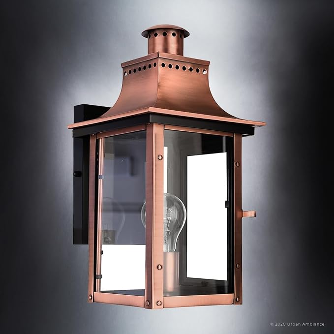 Luxury Antique Outdoor Wall Light, Medium Size: 15.3" H x 7.75" W, with French Country Style Elements, Rustic Copper Finish, UQL1413, Longview Collection