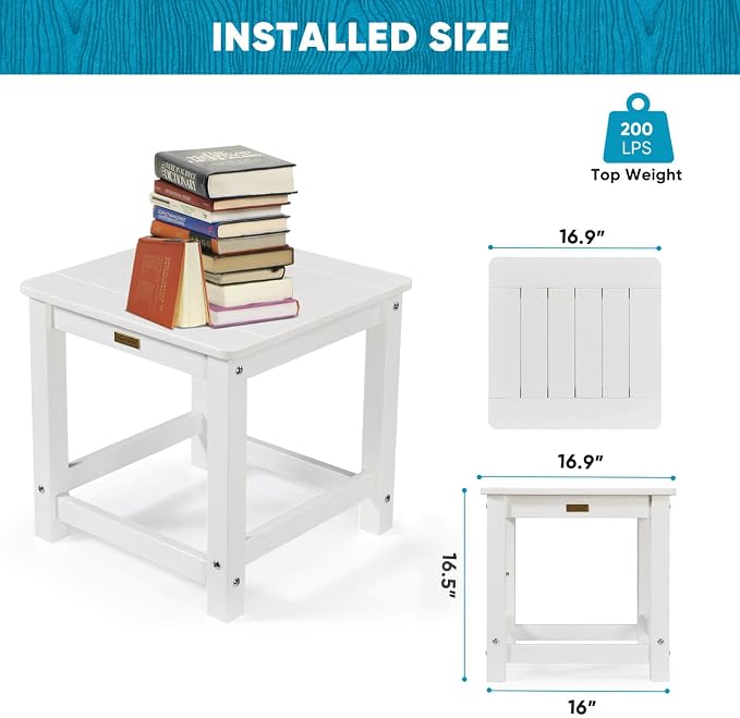 Outdoor Side Table Set of 2, HIPS Plastic Composite Adirondack Patio Table, Weather Resistant End Tables for Outside, Indoor, Patio, Garden, Pool, Porch, Backyard, Lawn, Deck - White