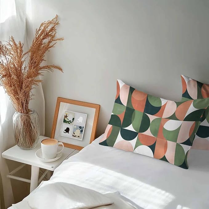 Vandarllin Outdoor Throw Pillows Covers 20x12 inch Set of 2 Waterproof Mid Century Geometric Decorative Zippered Cushion Covers for Patio Furniture, Abstract Modern Green Orange Lumbar Pillowcases