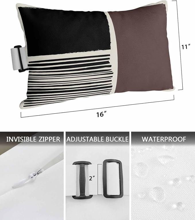 Pack of 2 Outdoor Lumbar Pillow Covers 11x16 Inch, Brown Black Waterproof Throw Pillow Covers Set, Modern Abstract Art Farmhouse Striped Indoor&Outdoor Decorative Cushion Cases for Patio Porch Car