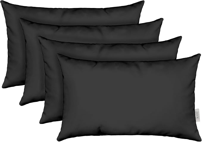 RSH DECOR: Sunbrella Lumbar Throw Pillows Set of 4 | 20" x 12" | Water and Fade-Resistant Performance Fabric | Outdoor Pillow Covers with Down-Alternative Inserts | Canvas Black