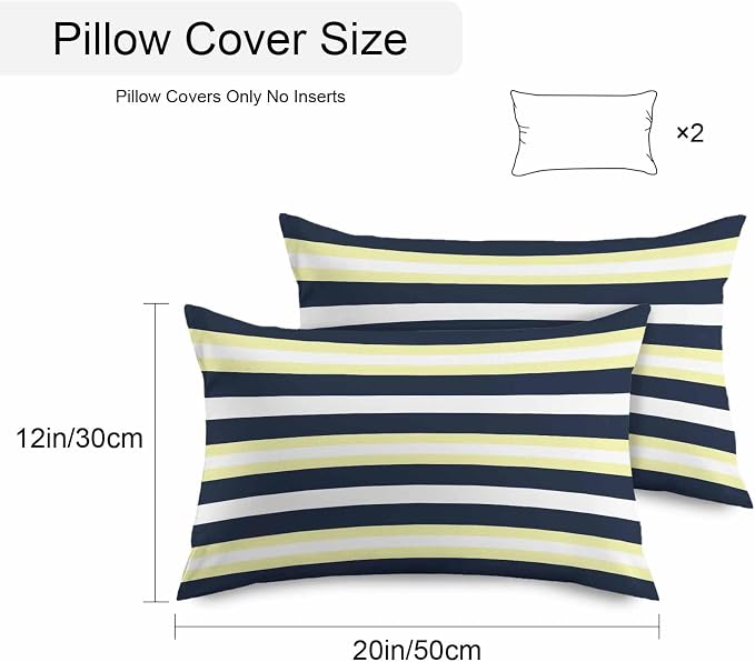 Yellow Navy Blue Striped Outdoor Pillow Covers Waterproof, All Weather Cushion Case Set of 2, Neutral Minimalist Lines Lumbar Pillowcase for Sofa Couch Bed Decor Patio Furniture 20"x12"