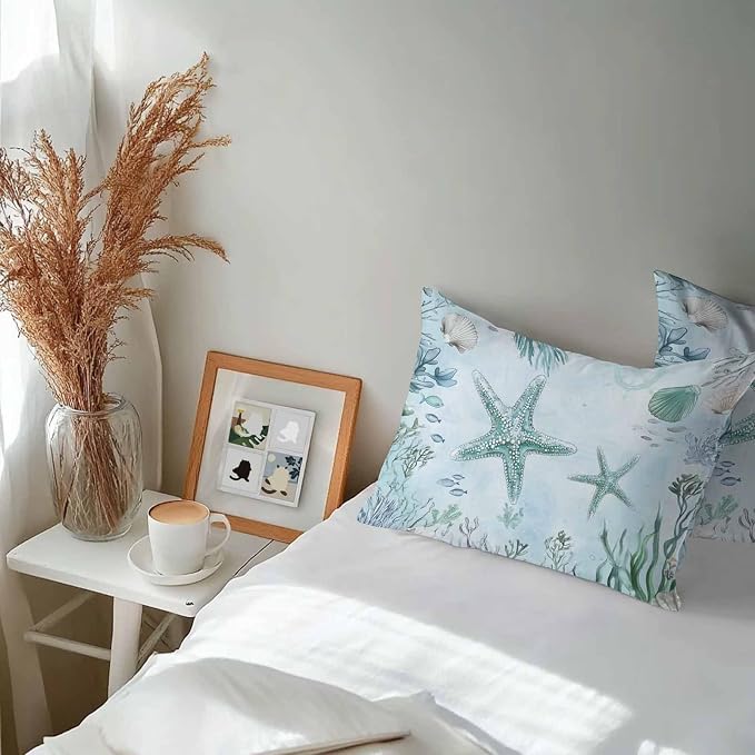 Coastal Starfish Waterproof Outdoor Pillow Covers Set of 2 Home Decor, Nautical Coral Tropical Fish Seashells Pillowcase Patio Pillow Covers for Couch Bench Furniture Garden 20x12in