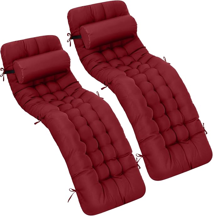 Tudomro Outdoor Chaise Lounge Cushion 66x21x4'' Waterproof & Fade-Resistant Patio Pool Chaise Lounge Cushion Headrest Pillow Tie Replacement Rocking High Back Chair(Burgundy,Set of 2)