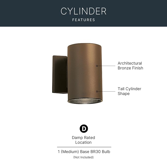 Kichler Cylinder Wall Mount Lighting Fixture in Brown, 7” Bottom Opening Outdoor Light Fixture, 9234AZ