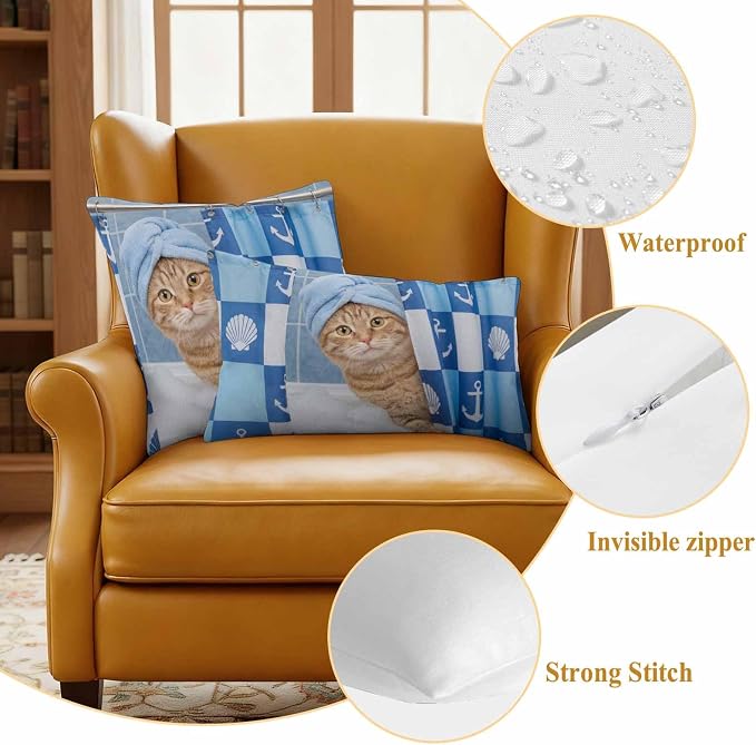 Bathing Cat Waterproof Outdoor Pillow Covers Set of 2 Home Decor, Funny Animal Showering Pillowcase Patio Pillow Covers for Couch Bench Patio Furniture Garden 16x16in