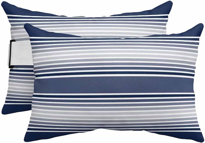 Pack of 2 Outdoor Lumbar Pillow Covers 12x20 Inch, Navy Blue Striped Waterproof Throw Pillow Covers Set, Blue Ombre Farmhouse Stripes Indoor&Outdoor Decorative Cushion Cases for Patio Porch Car