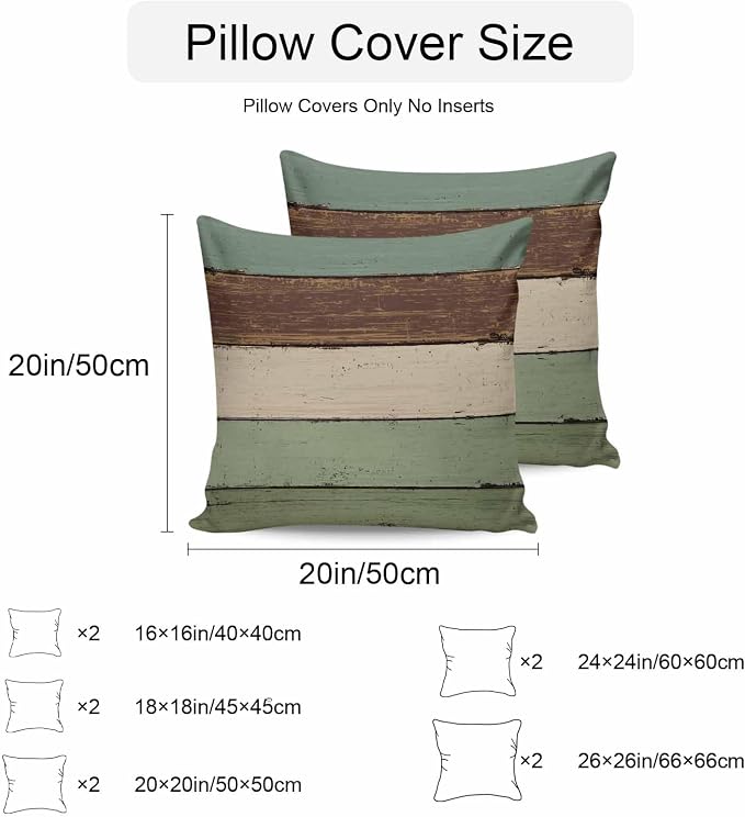 Vandarllin Outdoor Throw Pillow Covers 24X24 Set of 2 Waterproof Sage Green Brown Decorative Zippered Cushion Covers for Patio Furniture, Farmhouse Retro Rustic Barn Wood Texture Lumbar Pillowcases