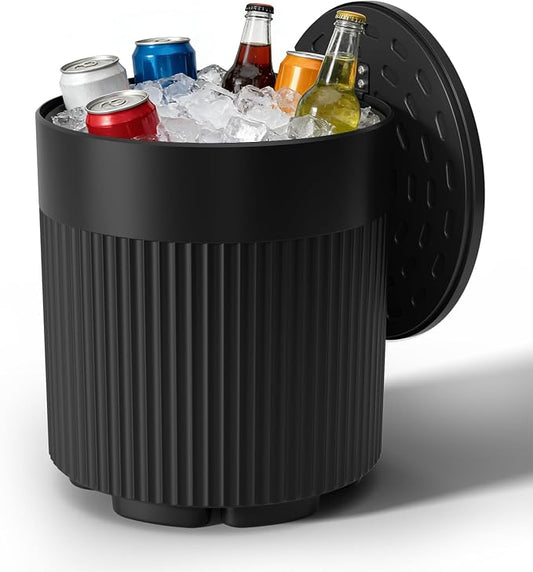 Outdoor Cooler Side Table, 2 in 1 Ice Chest Cooler Table All Weather Resistant, Dense Fluted Cooler Side Table with Hangable Lid for Patio Decor, Deck, BBQ, Beach, Black