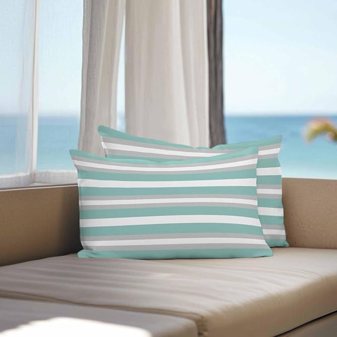 Aqua Grey Stripe Outdoor Pillow Covers Waterproof, All Weather Cushion Case Set of 2, Minimalist Farmhouse Striped Lumbar Pillowcase for Sofa Couch Bed Decor Patio Furniture 20"x12"