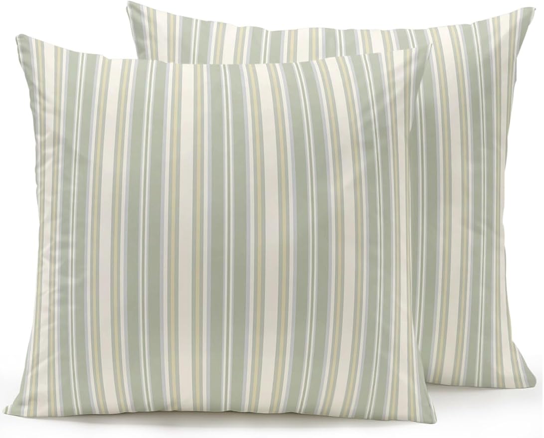 Waterproof Outdoor Pillow Set of 2 Sage Green Stripes Decorative Throw Pillows Cover & Insert 18x18 Inch Pillowcase White Lines Lines Square Pillows for Couch Sofa Bed Patio Furniture Indoor Outdoor