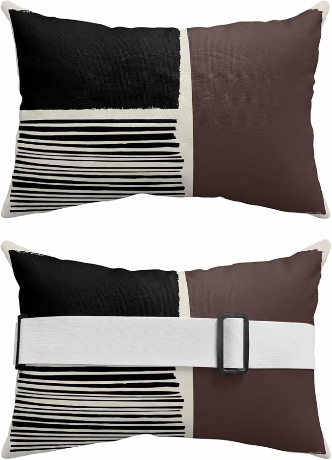 Pack of 2 Outdoor Lumbar Pillow Covers 11x16 Inch, Brown Black Waterproof Throw Pillow Covers Set, Modern Abstract Art Farmhouse Striped Indoor&Outdoor Decorative Cushion Cases for Patio Porch Car