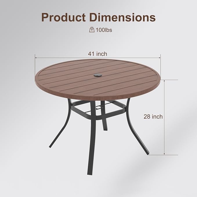 Patio Dining Table for 4,Steel Slatted Round Outdoor Table with Adjustable Umbrella Hole,41",Brown