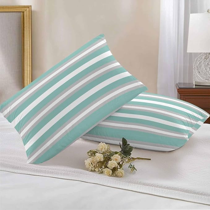 Aqua Grey Stripe Outdoor Pillow Covers Waterproof, All Weather Cushion Case Set of 2, Minimalist Farmhouse Striped Lumbar Pillowcase for Sofa Couch Bed Decor Patio Furniture 20"x12"