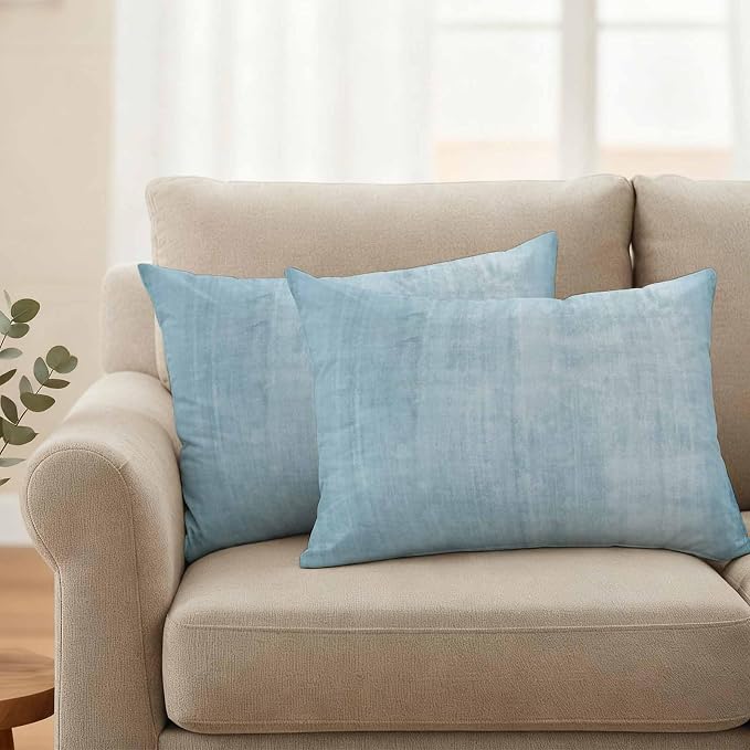 Vandarllin Outdoor Throw Pillows Covers 20x12 inch Set of 2 Waterproof Sky Blue Linen Decorative Zippered Cushion Covers for Patio Furniture, Solid Color Texture Lumbar Pillowcases