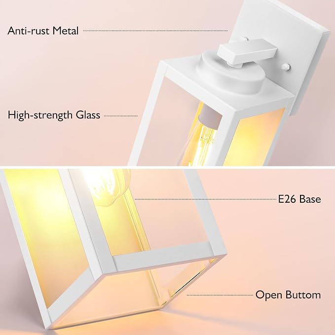 BesLowe Outdoor Wall Light, Modern Exterior Porch Sconce Lighting, White | Waterproof, Rust-Resistant, Durable Metal with Clear Glass, Standard E26 Socket, Easy to Install