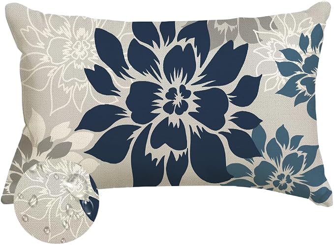 Waterproof Dark Blue Dahlia Floral Outdoor Pillow Covers 12x20 Inch, Decorative Spring Summer Cushion Cases for Living Room Sofa Patio Garden Porch