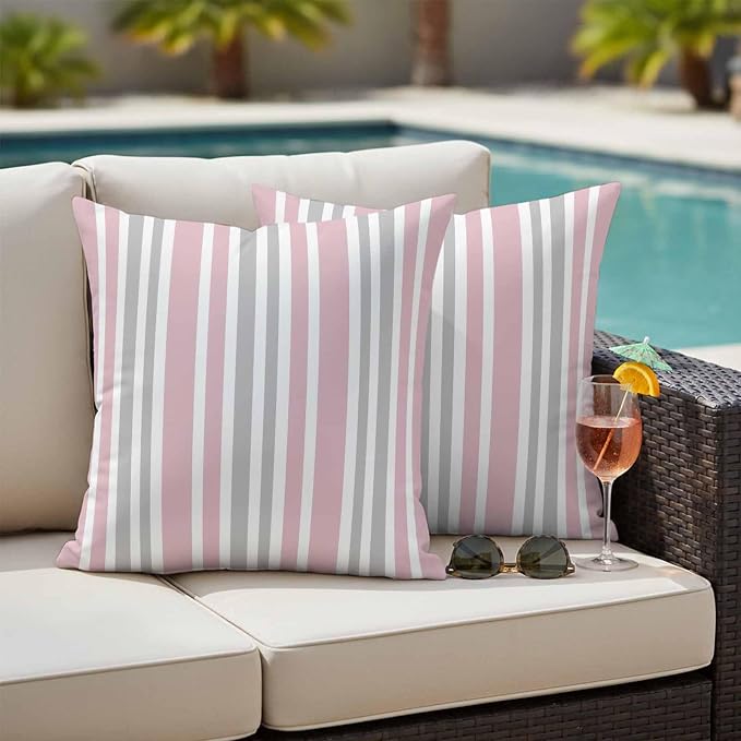 Pink Grey Stripe Outdoor Pillow Covers 20x20 Inch Throw Pillow Covers Set of 2 Waterproof Decorative Pillow Cases Farmhouse Minimalist Striped Cushion Covers for Patio Furniture Garden Couch Sofa
