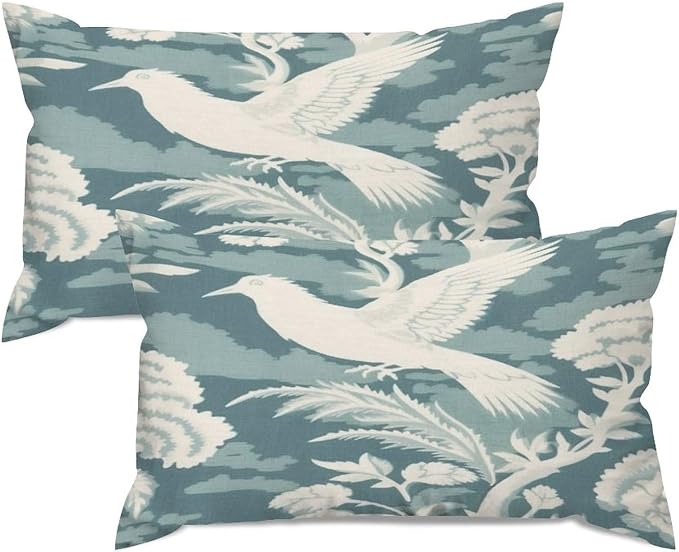 Set of 2 Blue Turquoise and White Birds Plant Decorative Throw Pillow Covers 12x20in Farmhouse Rectangle Accent Pillow Cases Cushion Cover Cases for Sofa Chair Bedroom Home Decor