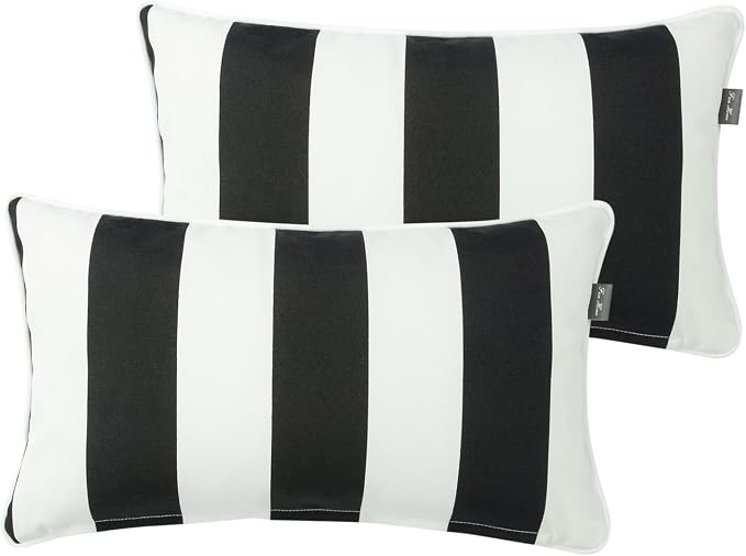 FUNHOME Outdoor Lumbar Pillows for Patio Furniture,12x20 Inch Decorative Pillows Set of 2 with Insert,Hidden Zipper Water Resistant Headrests for Sofa Couch Chair(Black White Stripe)