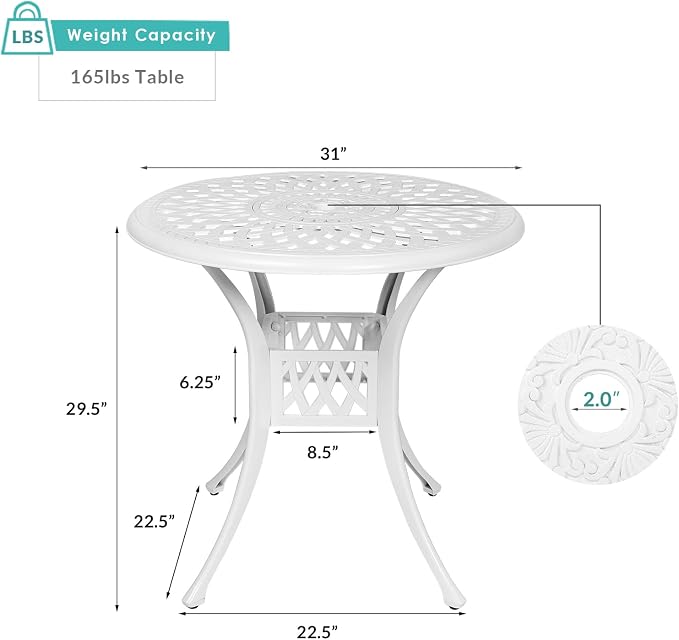 MEETWARM 31" Round Patio Bistro Table, Outdoor Cast Aluminum Small Dinning Table with 2" Umbrella Hole, White