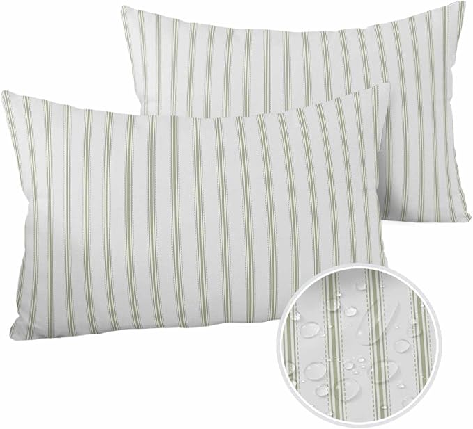 Outdoor Waterproof Throw Pillow Covers Set of 2 Sage Green Stripes Lumbar Pillowcases 20x12 Inches Vertical Striped Patio Decorative Pillows Cushion Case Patio Pillows for Couch Bed Chair Garden