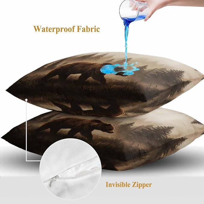 Yukro Nature Landscape Outdoor Waterproof Pillow Covers Pack of 2, Rustic Brown Bear Misty Forest Pine Tree Throw Pillowcases Decorative Cushion Covers for Garden Patio Tent Sofa Couch, 24x24 inch