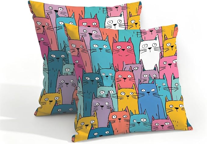 16x16 Inch Outdoor Pillow Covers Set of 2 Waterproof Throw Pillow Covers Decorative Couch Cushion Covers Colorful Cats Pattern Square Pillowcases Protectors for Patio Garden Sofa