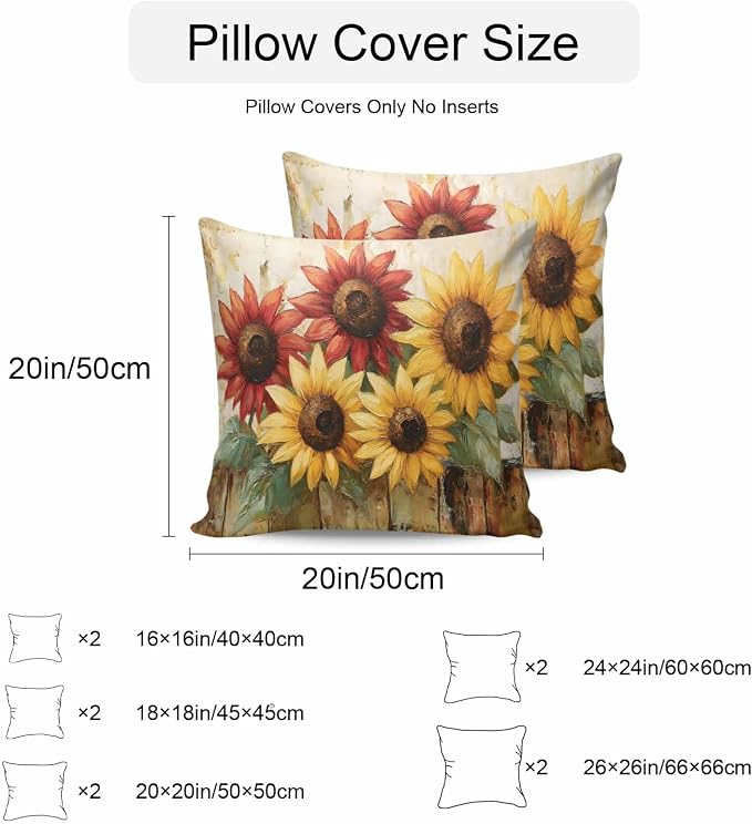 Retro Farmhouse Red Yellow Sunflower Outdoor Pillow Covers 16x16in Pack of 2 Waterproof Pillowcase Vintage Rustic Wood Floral Decorative Throw Cushion Case for Patio Couch Sofa