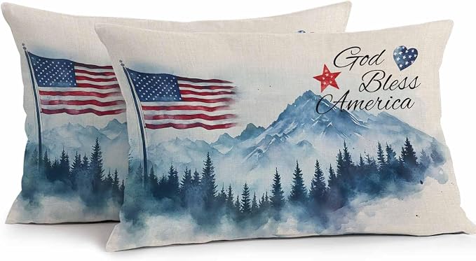 4th of July Outdoor Pillow Covers 20x12 Inch Lumbar Pillow Covers Set of 2 Waterproof Decorative Throw Pillow Cases Independence Day American Flag Forest Cushion Covers for Patio Furniture Garden