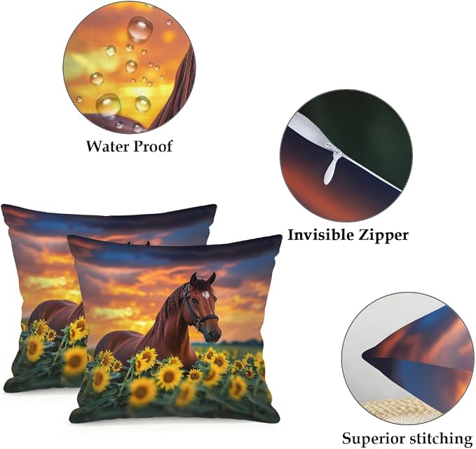 16x16 Inch Outdoor Pillow Covers Set of 2 Waterproof Throw Pillow Covers Decorative Couch Cushion Covers Brown Horse Sunflower Square Pillowcases Protectors for Patio Garden Sofa