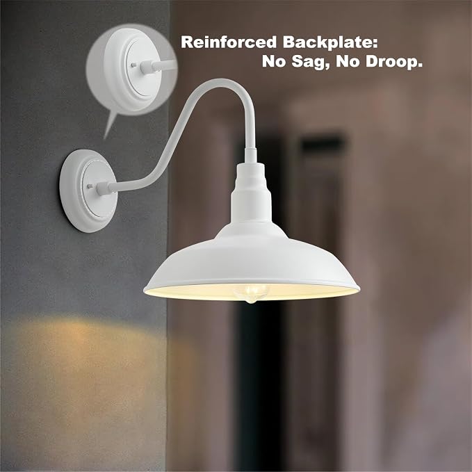 2 Pack 14in Barn Gooseneck Lights for House, White Outdoor Farmhouse Wall Light Fixture for Porch, Exterior Patio Wall Sconce for Front Door, Garage