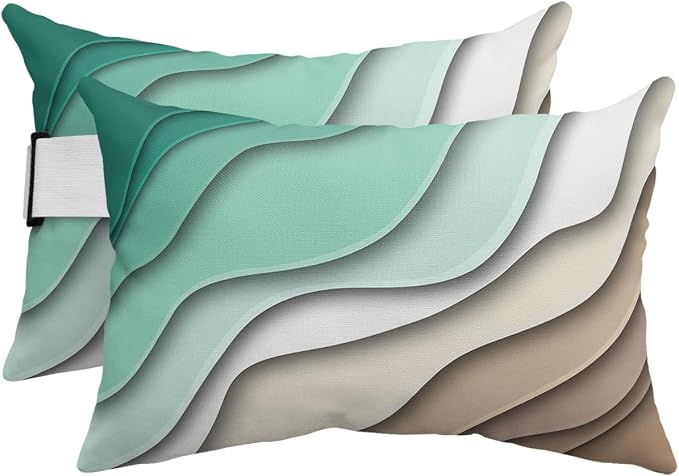 Geometric Ombre Lounge Pillows Outdoor, Aesthetic Green Brown White Gradient Abstract Head Pillows, Modern Waterproof Patio Furniture Lumbar Pillows with Adjustable Elastic Strap for Recliner Beach