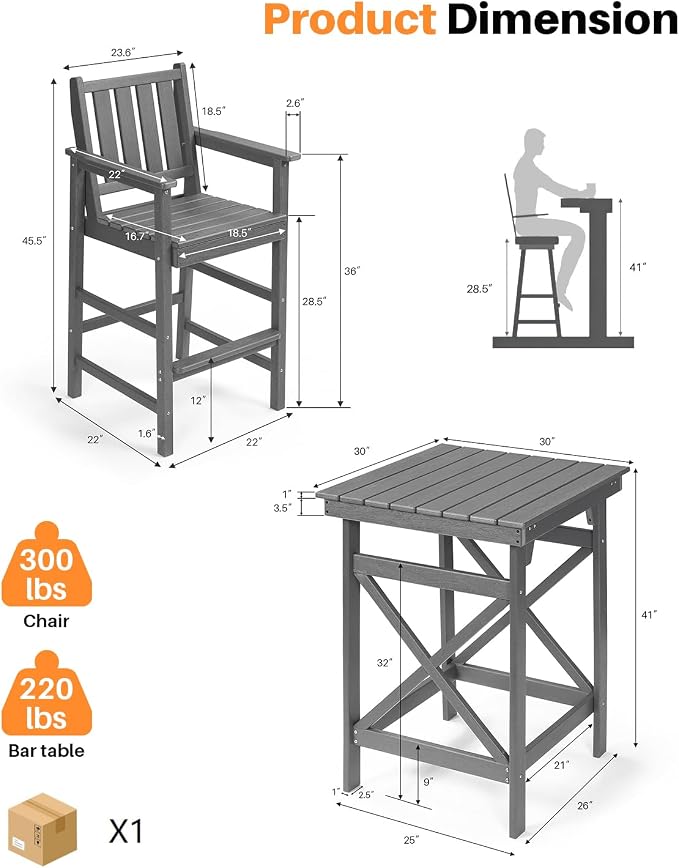 3-Piece Adirondack Chairs and Table Set, HDPE Patio Bar Sets, All Weather Outdoor Bar Stools Set, HDPE Adirondack Bar Height Chairs and Bar Table for Balcony, Pool, Porch, Smoke Gray