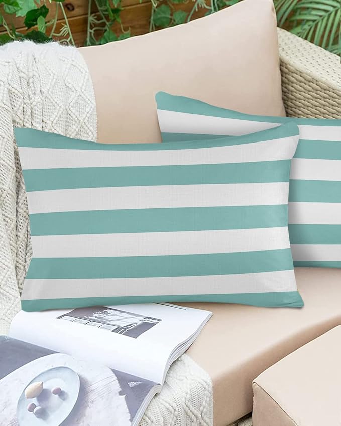 Lumbar Throw Pillow Covers 12x20 Outdoor Waterproof Pillow Covers for Patio Furniture Solid Striped Decorative Throw Pillow Cover Teal Blue Pillowcases Set of 2 Cushion Case for Sofa Couch Chair Home