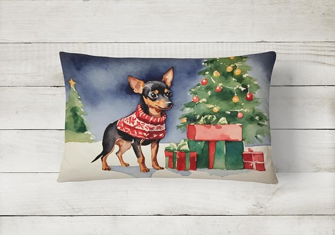 Caroline's Treasures DAC2706PW1216 Miniature Pinscher Cozy Christmas Throw Pillow Machine Washable, Indoor Outdoor Decorative Pillow for Couch, Bed or Patio, 12HX16W