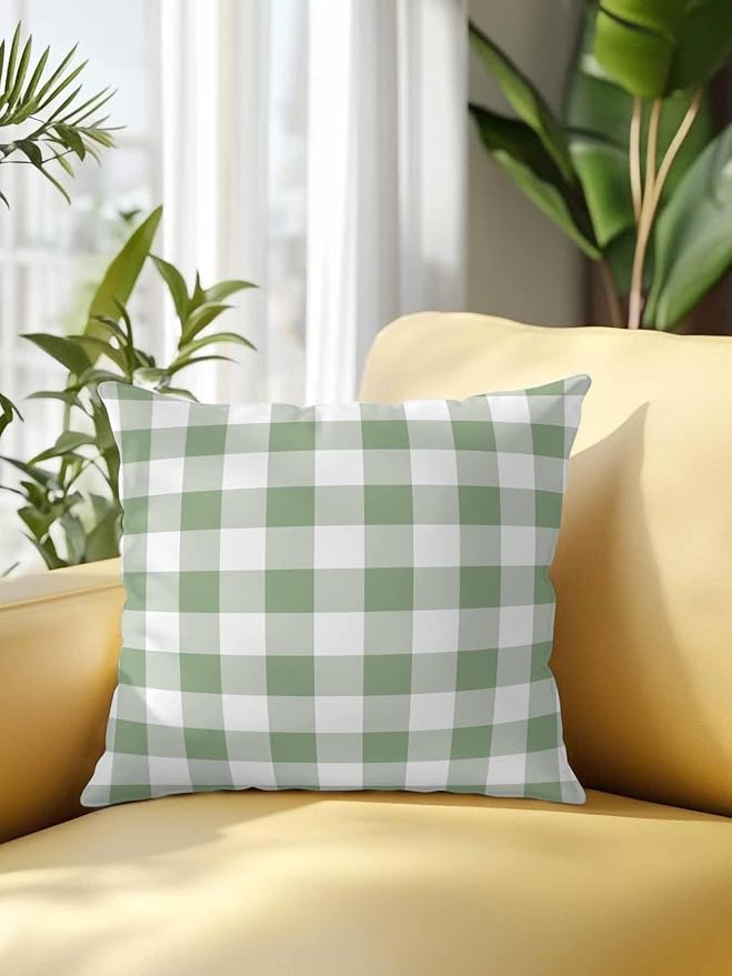 Waterproof Outdoor Pillow 1 Pack Green Buffalo Plaid Decorative Throw Pillows Cover & Insert 18x18 Inch Pillowcase Check Lines Square Pillows for Couch Sofa Bed Patio Furniture Indoor Outdoor
