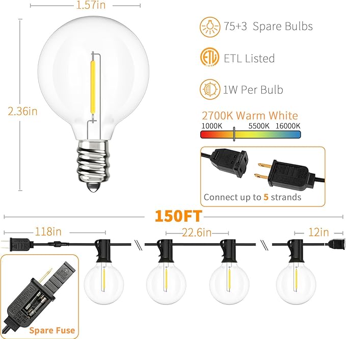 Svater Outdoor String Lights 150 FT Waterproof Outside Patio Light 78 Bulbs | Shatterproof G40 LED Edison Bulbs, Plug-In, Dimmable, Connectable, Outside Light for Bistro Cafe Backyard Porch Party Decor