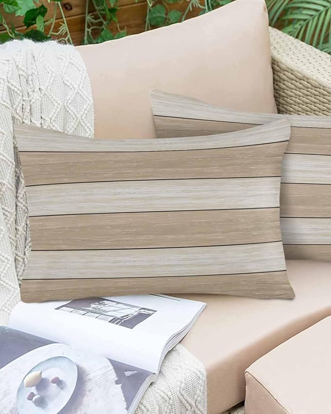 Vandarllin Outdoor Throw Pillow Covers 12X20 Set of 2 Waterproof Ivory White Beige Decorative Zippered Cushion Covers for Patio Furniture, Farmhouse Retro Rustic Barn Wood Texture Lumbar Pillowcases