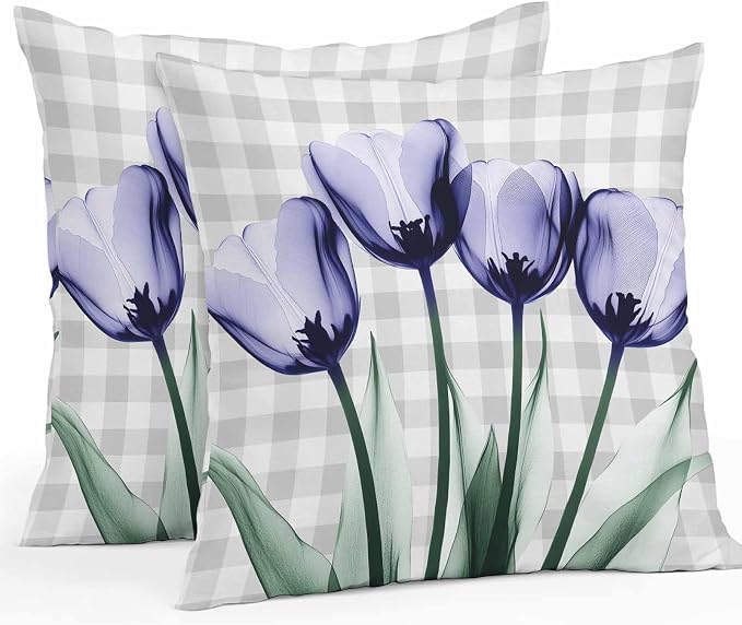 Light Purple Tulip Waterproof Outdoor Pillow Covers Set of 2 Home Decor, Farmhouse Flowers Grey Checkered Pillowcase Patio Pillow Covers for Couch Bench Furniture Garden 16x16in