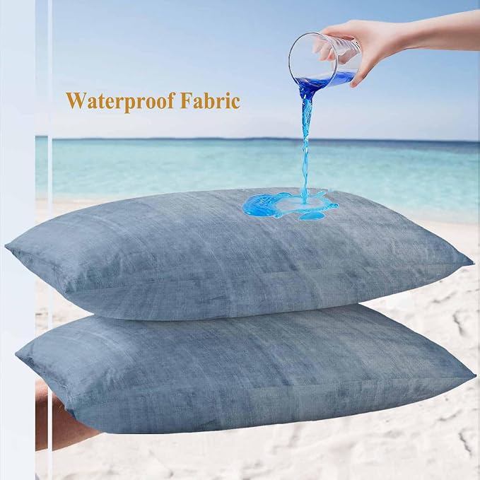 Vandarllin Outdoor Throw Pillows Covers 20x12 inch Set of 2 Waterproof Blue Linen Decorative Zippered Cushion Covers for Patio Furniture, Solid Color Texture Lumbar Pillowcases