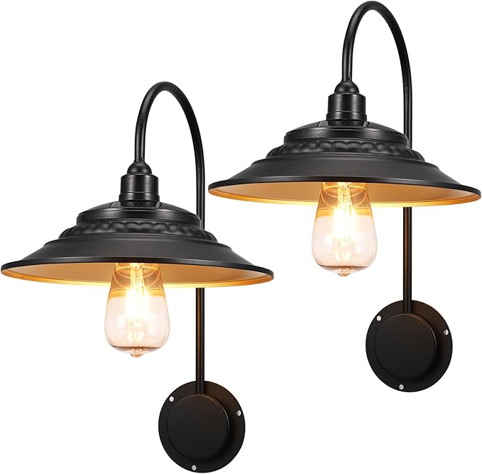Solar Barn Lights Upgrade, 2PCS Waterproof Wall Light Fixture, Rustic Vintage Metal Gooseneck Solar Wall Mount Lights with Gold Interior, for Outdoor Barn Shed Garage Porch (Black)