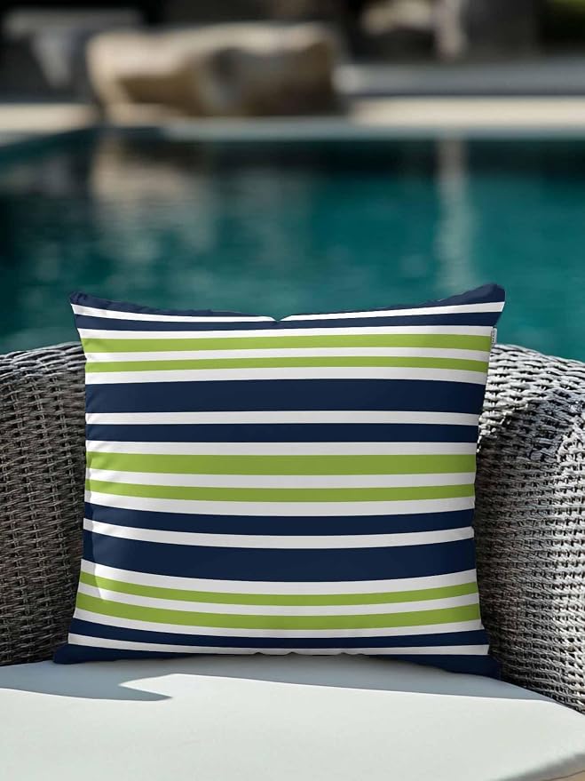 Outdoor Waterproof Throw Pillows Navy Blue Green Stripe Patio Pillows,Decorative Pillow Covers with Insert,Pillow Cushion Case for Garden Couch Sofa White Line