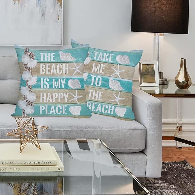 Outdoor Waterproof Throw Pillow Covers 20x20 inch Nautical Wood Beach Starfish Scallop Decorative Pillow Covers Coastal Theme Pillowcase for Patio Furniture Garden Set of 4, Turquoise Blue
