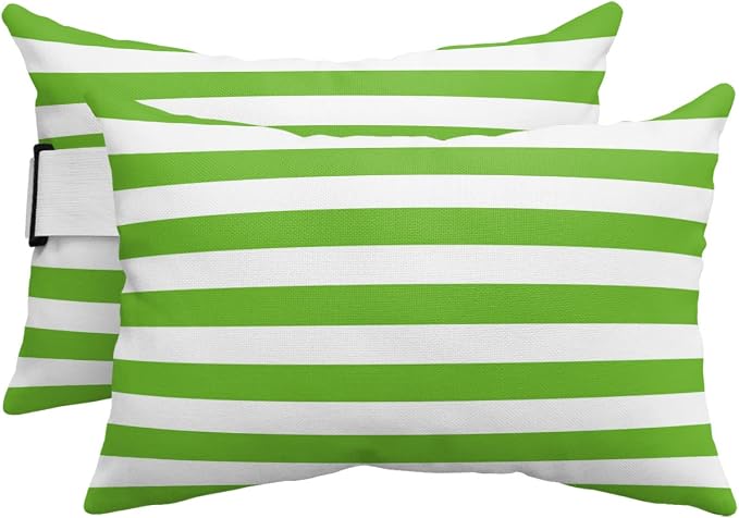 T&H XHome Outdoor Pillow for Chaise Lounge Chair, Green and White Stripes Waterproof Headrest Pillow Lumbar Pillows with Adjustable Elastic Strap for Beach, Poolside, Patio, Office (2 Pack)